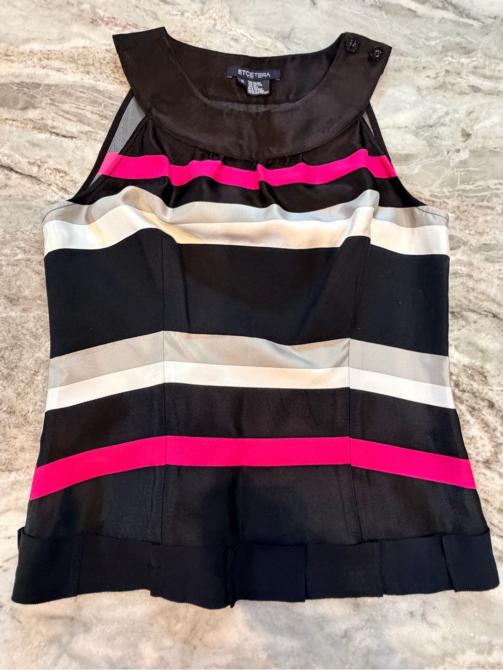 Etcetera Sleeveless Blouse Size 8 Black Pink Stripe Silk Blend Top